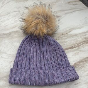 J. Crew Purple Knit Beanie with Faux Fur Pom